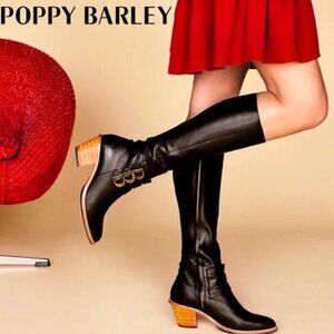 Poppy Barley The Two Point Five Tall Leather Boot Wooden Heel Boots Black Sz 8
